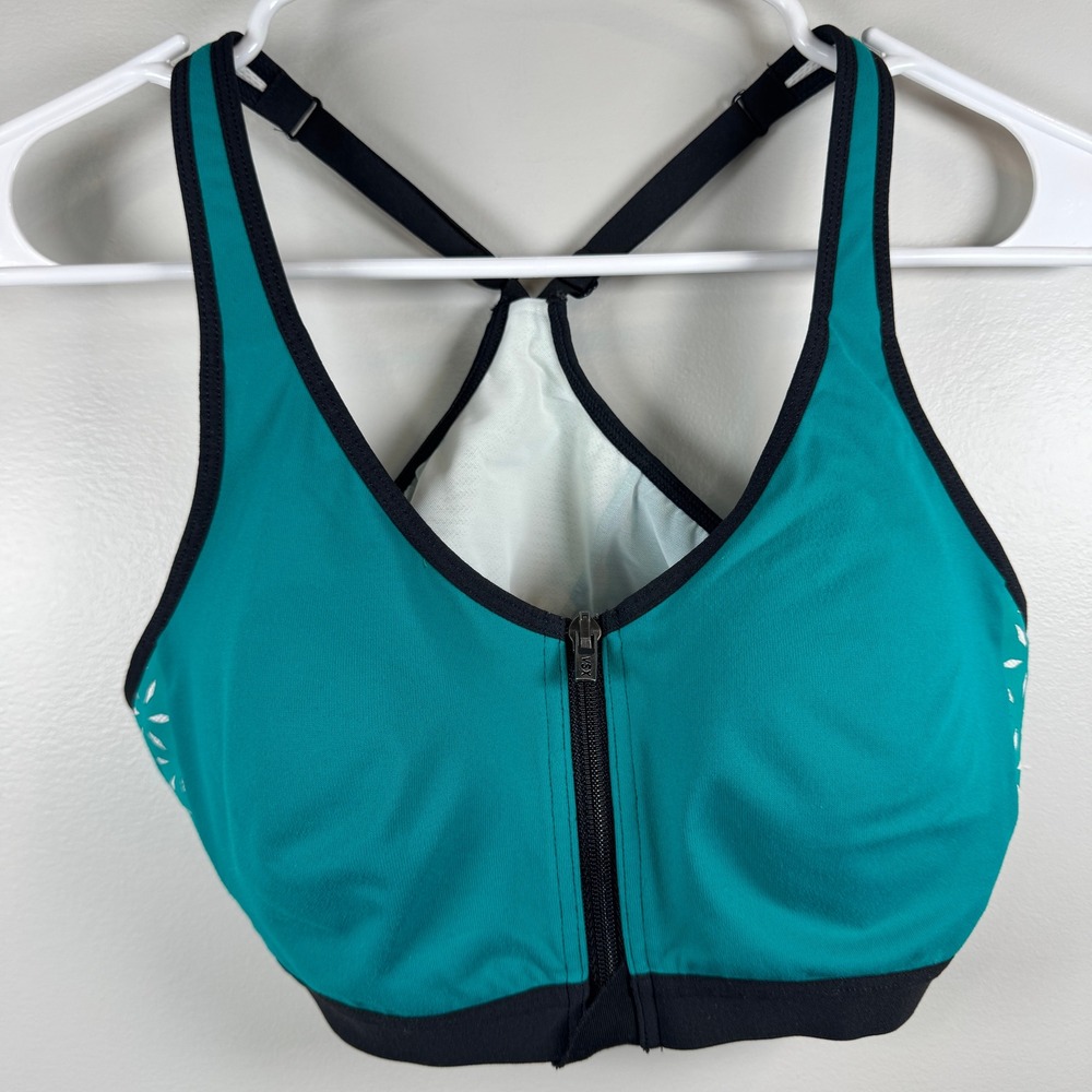 Victoria's Secret VSX Sport Bra Teal Black Zip‎ Front Underwire Padded 36B